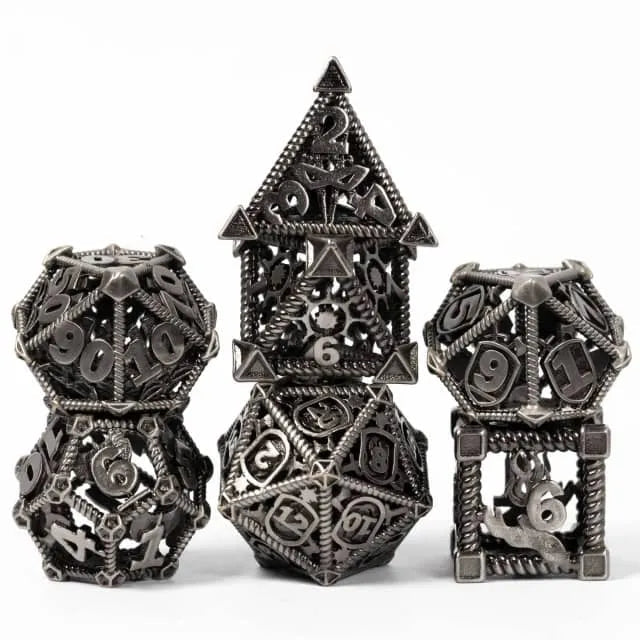 RPG Dice Set | Hollow Metal | "Character Class" - Silver  | Set of 7 (D0232)