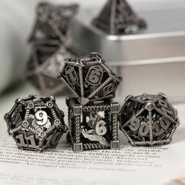 RPG Dice Set | Hollow Metal | "Character Class" - Silver  | Set of 7 (D0232)