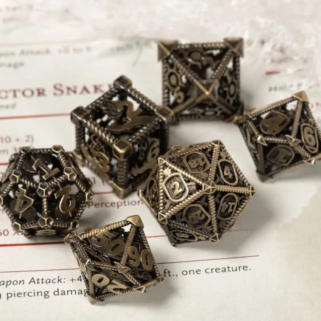 RPG Dice Set | Hollow Metal | "Character Class" - Bronze | Set of 7 (D0233)