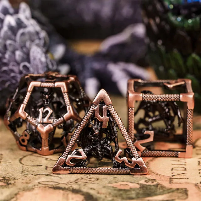 RPG Dice Set | Hollow Metal | "Contained Dragon" - Copper | Set of 7 (D0237)