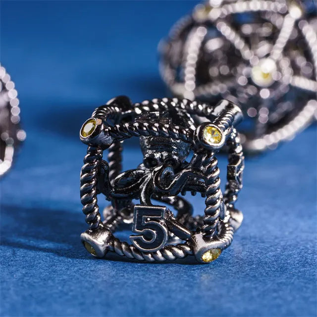 RPG Dice Set | Hollow Metal | "Contained Octopus" - Silver | Set of 7 (D0242)
