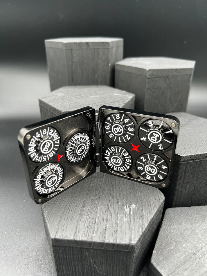 Dice Spinner | Metal | Folding Wallet Spinner | Gunmetal and Red (D1014)