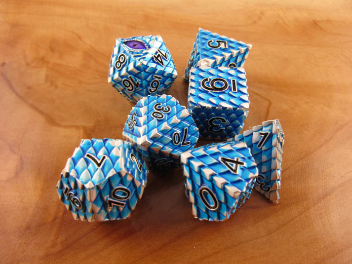 Polyhedral Dice Set | Metal | "Dragon Scale" - Blue and Silver | Set of 7 (D0285)
