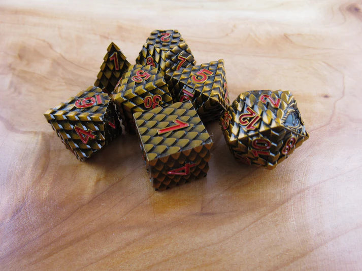Polyhedral Dice Set | Metal | "Dragon Scale" - Bronze and Red | Set of 7 (D0283)