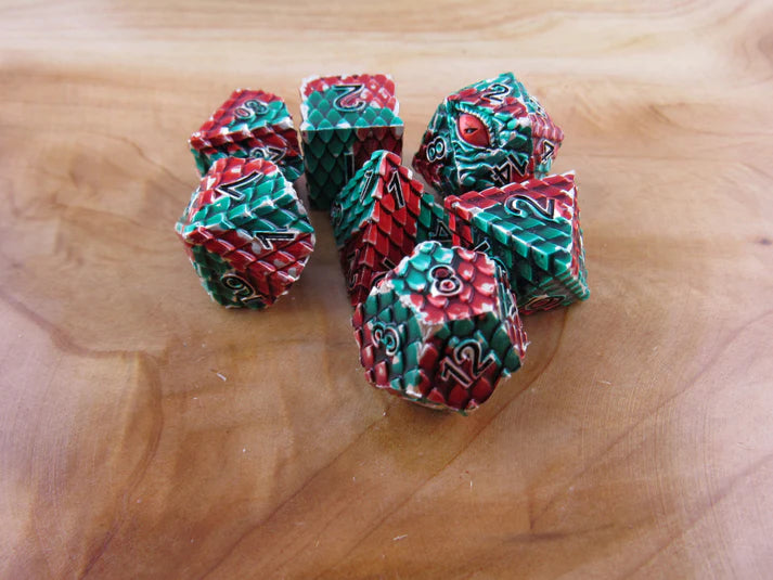 Polyhedral Dice Set | Metal | "Dragon Scale" - Red and Green | Set of 7 (D0287)