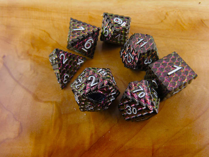 Polyhedral Dice Set | Metal | "Dragon Scale" - Purple Glitter | Set of 7 (D0281)