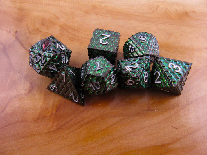 Polyhedral Dice Set | Metal | "Dragon Scale" - Green Glitter | Set of 7 (D0280)