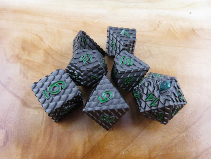 Polyhedral Dice Set | Metal | "Dragon Scale" - Black and Green | Set of 7 (D0289)
