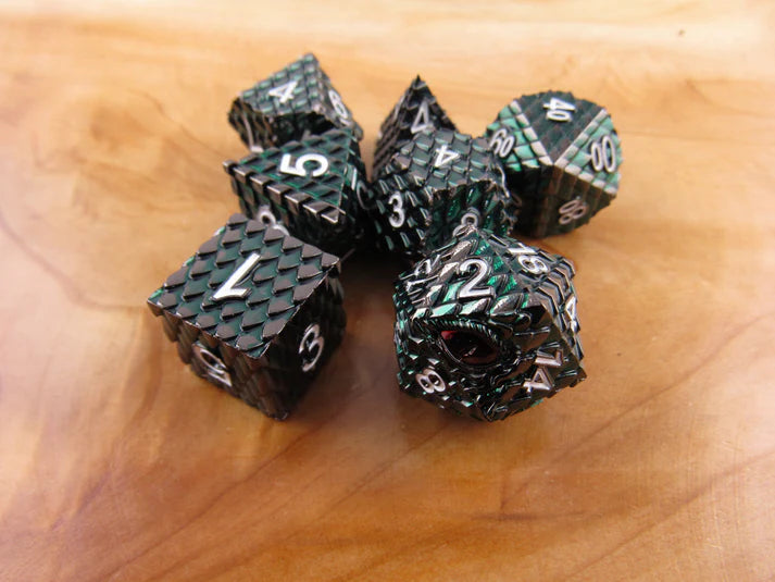 Polyhedral Dice Set | Metal | "Dragon Scale" - Dark Green and White | Set of 7 (D0290)