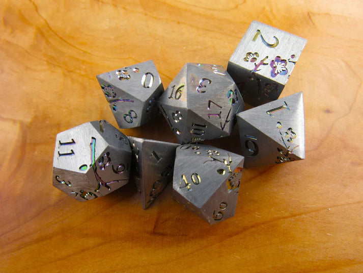 Polyhedral Dice Set | Metal | "Plum Blossom" - Silver and Rainbow | Set of 7 (D0273)