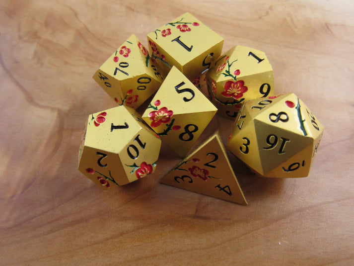 Polyhedral Dice Set | Metal | "Plum Blossom" - Gold and Red | Set of 7 (D0271)