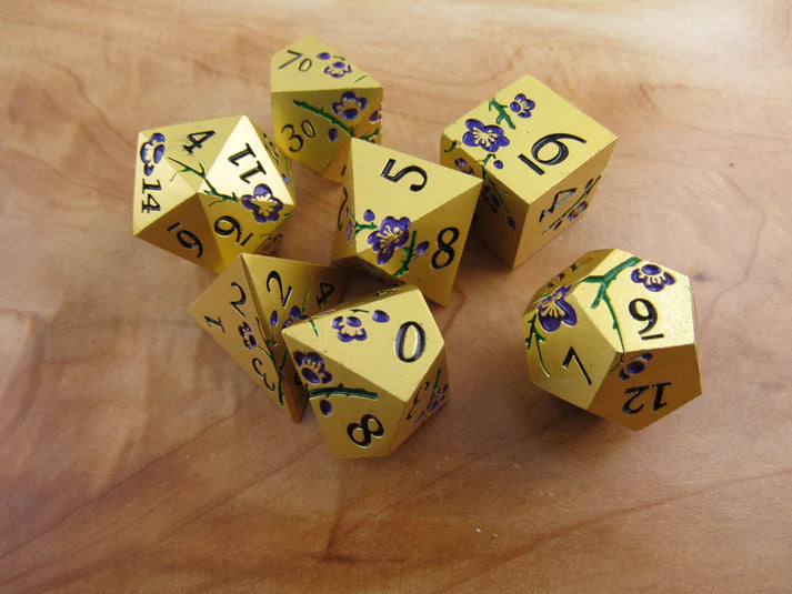 Polyhedral Dice Set | Metal | "Plum Blossom" - Gold and Purple | Set of 7 (D0272)