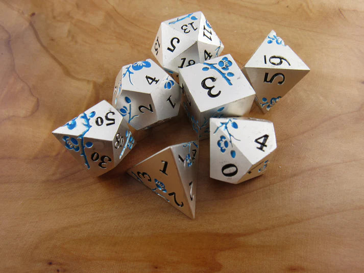 Polyhedral Dice Set | Metal | "Plum Blossom" - Silver and Blue GLOW  | Set of 7 (D0268)