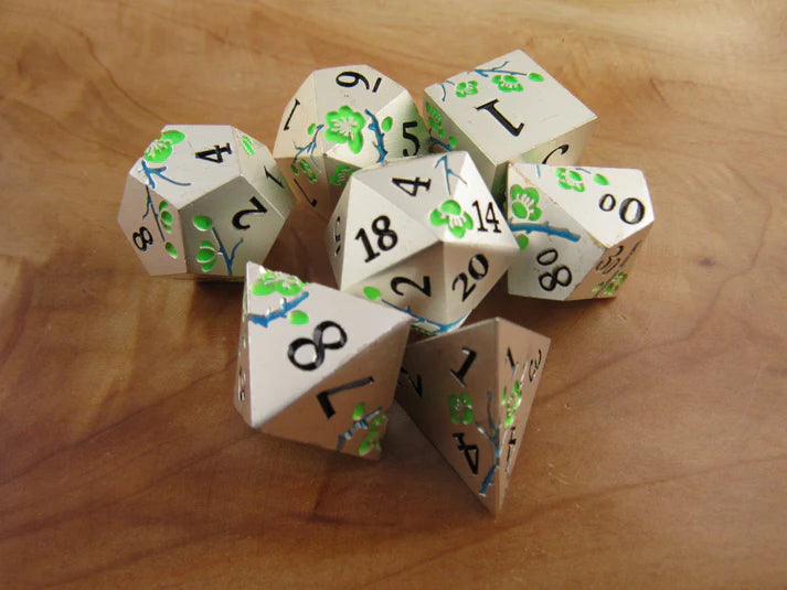 Polyhedral Dice Set | Metal | "Plum Blossom" - Silver and Green GLOW  | Set of 7 (D0269)