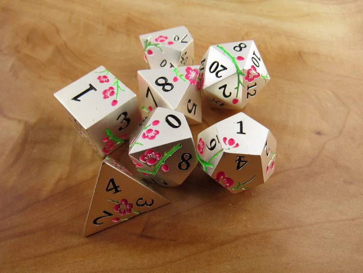 Polyhedral Dice Set | Metal | "Plum Blossom" - Silver and Pink GLOW  | Set of 7 (D0267)