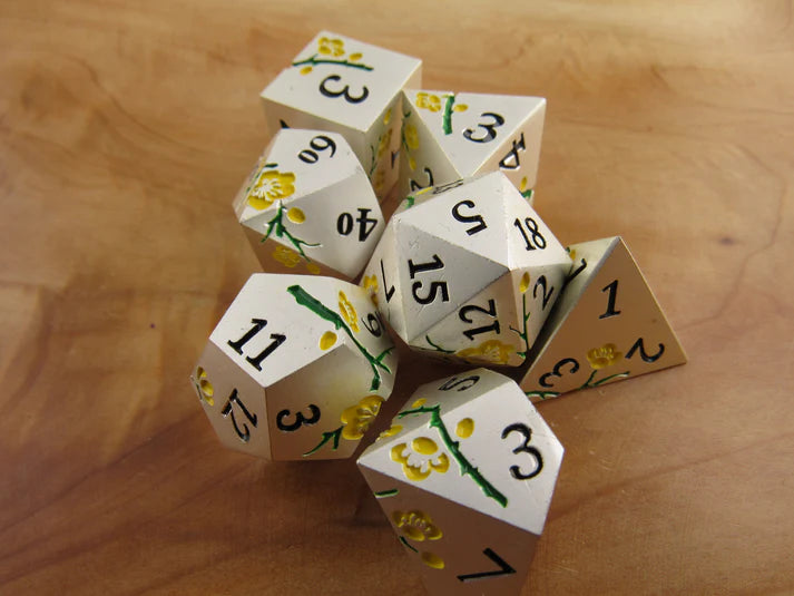 Polyhedral Dice Set | Metal | "Plum Blossom" - Silver and Yellow | Set of 7 (D0264)