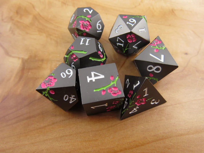 Polyhedral Dice Set | Metal | "Plum Blossom" - Black and Pink | Set of 7 (D0265)