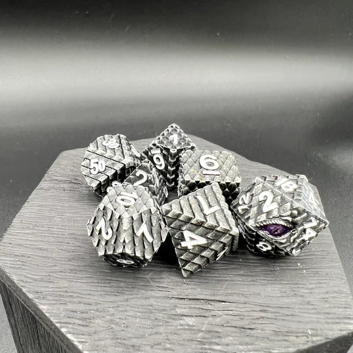Polyhedral Dice Set | Metal | "Dragon Scale" - Gunmetal and White | Set of 7 (D0288)