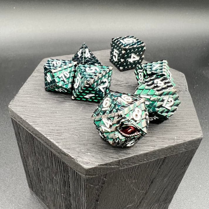 Polyhedral Dice Set | Metal | "Dragon Scale" - Dark Green and White | Set of 7 (D0290)