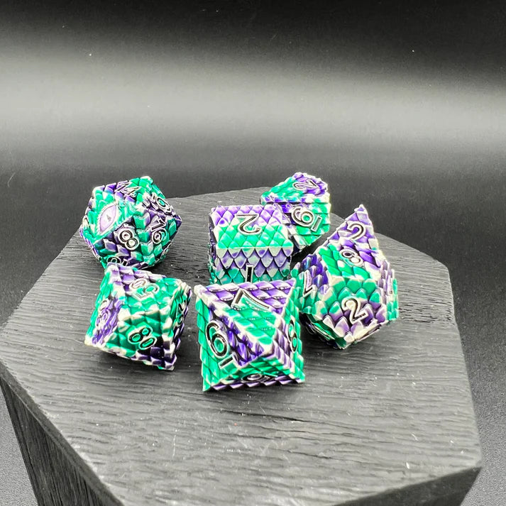 Polyhedral Dice Set | Metal | "Dragon Scale" - Green and Purple | Set of 7 (D0279)