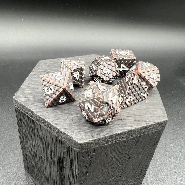 Polyhedral Dice Set | Metal | "Dragon Scale" - Antique Copper | Set of 7 (D0277)