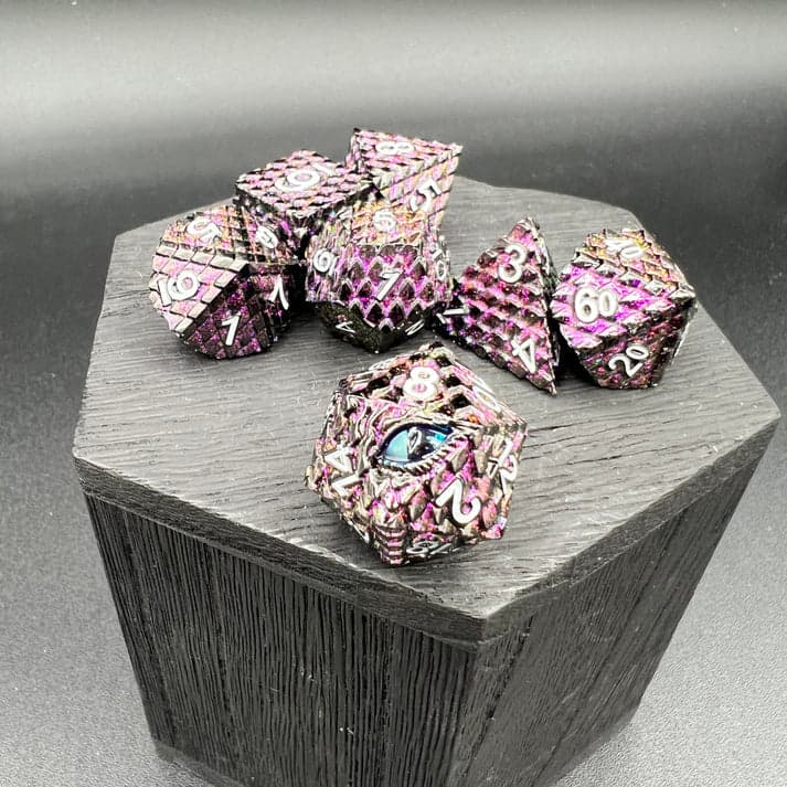 Polyhedral Dice Set | Metal | "Dragon Scale" - Purple Glitter | Set of 7 (D0281)