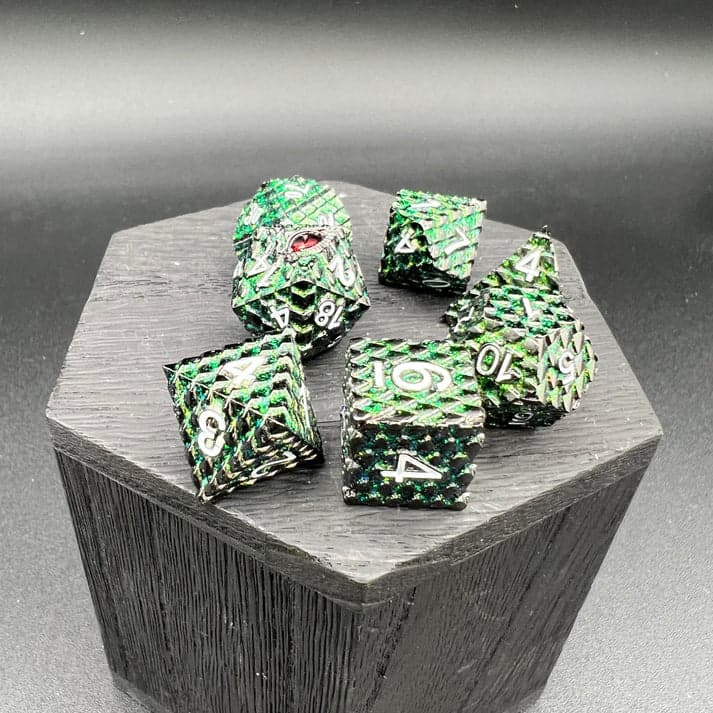 Polyhedral Dice Set | Metal | "Dragon Scale" - Green Glitter | Set of 7 (D0280)