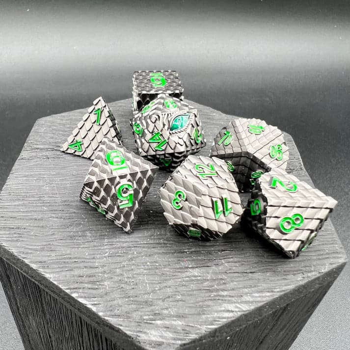 Polyhedral Dice Set | Metal | "Dragon Scale" - Black and Green | Set of 7 (D0289)