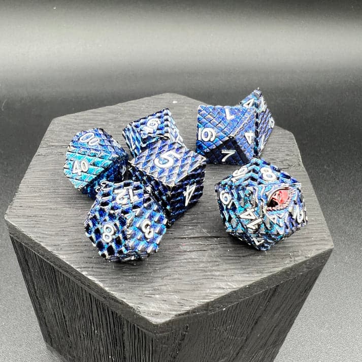 Polyhedral Dice Set | Metal | "Dragon Scale" - Blue Glitter | Set of 7 (D0282)