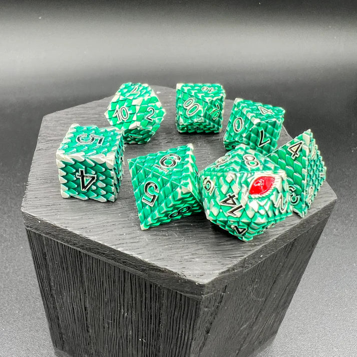 Polyhedral Dice Set | Metal | "Dragon Scale" - Green and Silver | Set of 7 (D0286)