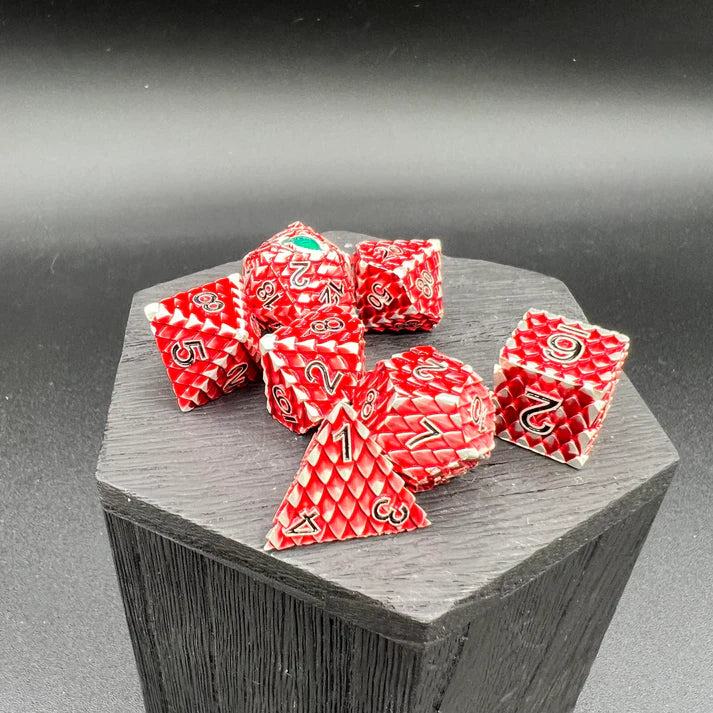 Polyhedral Dice Set | Metal | "Dragon Scale" - Red and Silver | Set of 7 (D0284)