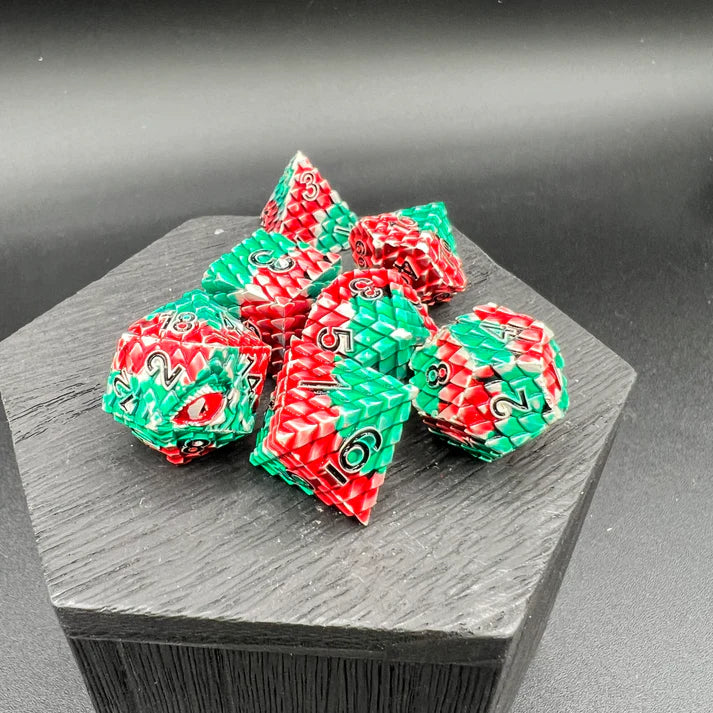 Polyhedral Dice Set | Metal | "Dragon Scale" - Red and Green | Set of 7 (D0287)
