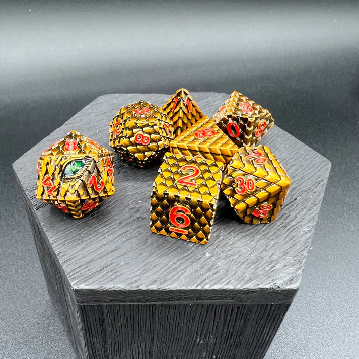 Polyhedral Dice Set | Metal | "Dragon Scale" - Bronze and Red | Set of 7 (D0283)