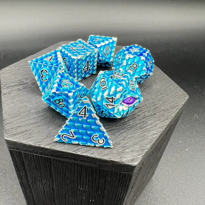 Polyhedral Dice Set | Metal | "Dragon Scale" - Blue and Silver | Set of 7 (D0285)