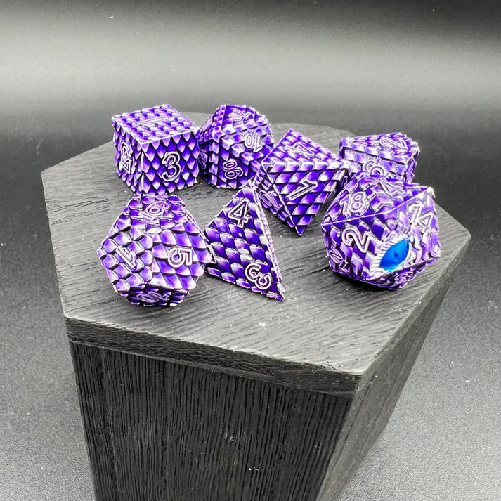 Polyhedral Dice Set | Metal | "Dragon Scale" - Purple and Silver | Set of 7 (D0278)