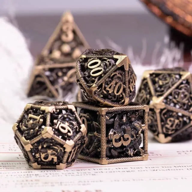RPG Dice Set | Hollow Metal | "Medusa's Head" - Bronze | Set of 7 (D0236)