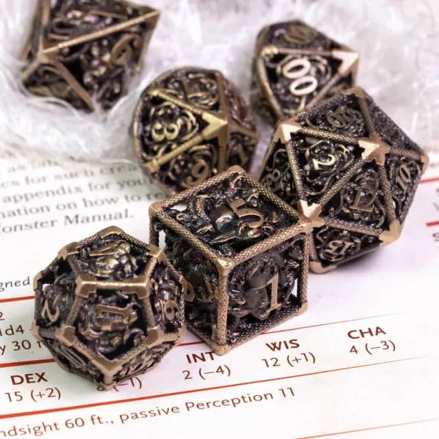 RPG Dice Set | Hollow Metal | "Medusa's Head" - Bronze | Set of 7 (D0236)