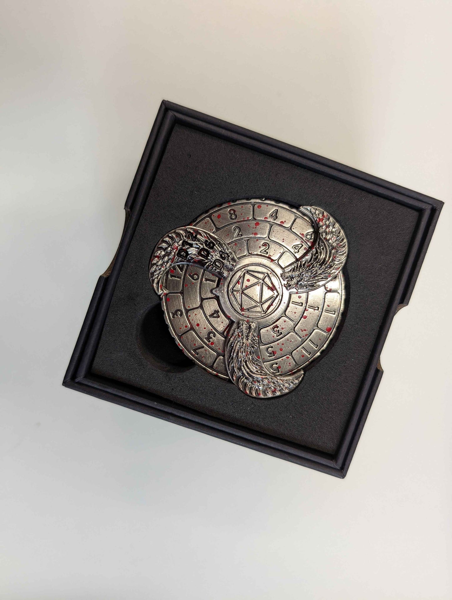Dice Spinner | Metal | Hydra (Gryo) Spinner | Antique Silver with Blood Spatter (D1024)