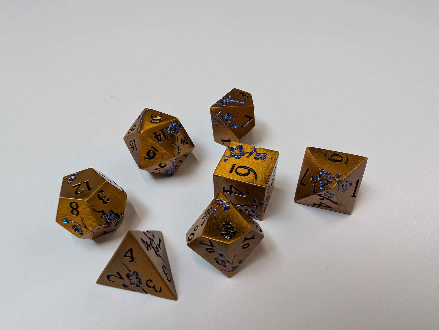 Polyhedral Dice Set | Metal | "Plum Blossom" - Bronze and Blue  | Set of 7 (D0276)