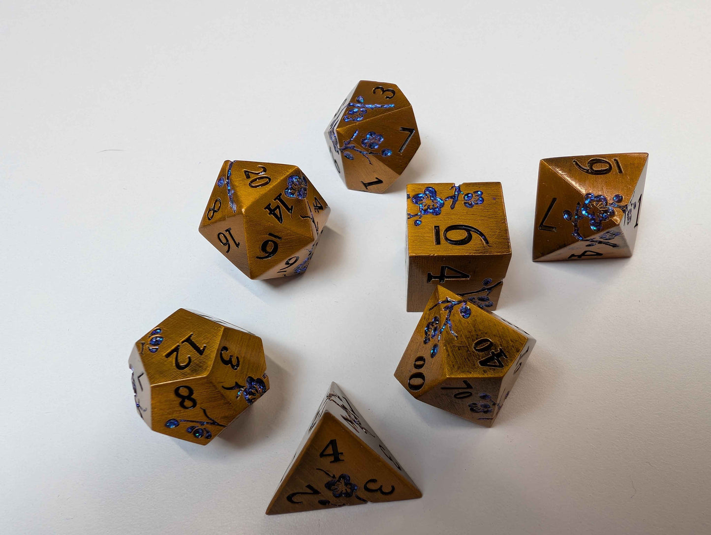 Polyhedral Dice Set | Metal | "Plum Blossom" - Bronze and Blue  | Set of 7 (D0276)