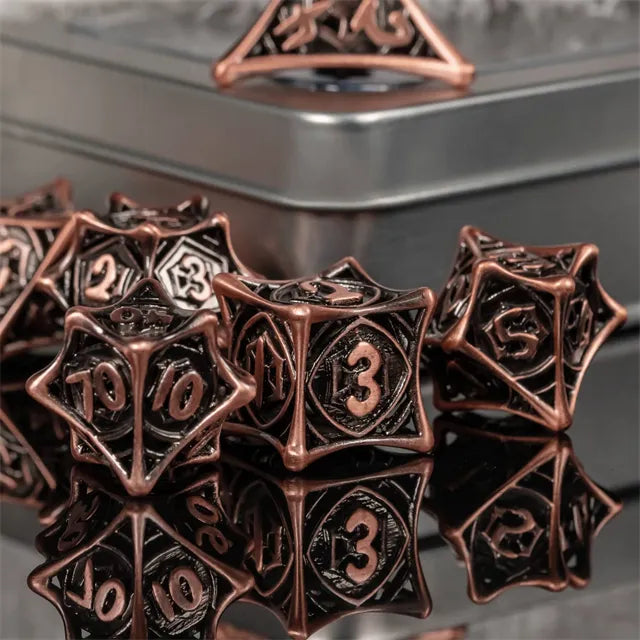 RPG Dice Set | Hollow Metal | "Spider Web" - Copper | Set of 7 (D0248)