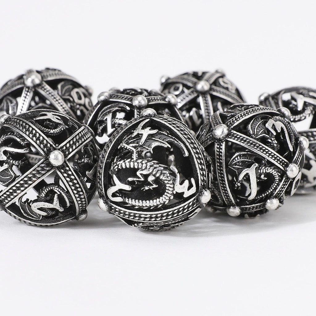 RPG Dice Set | Hollow Metal | Dragon Orb - Silver | Set of 7 (D0225)
