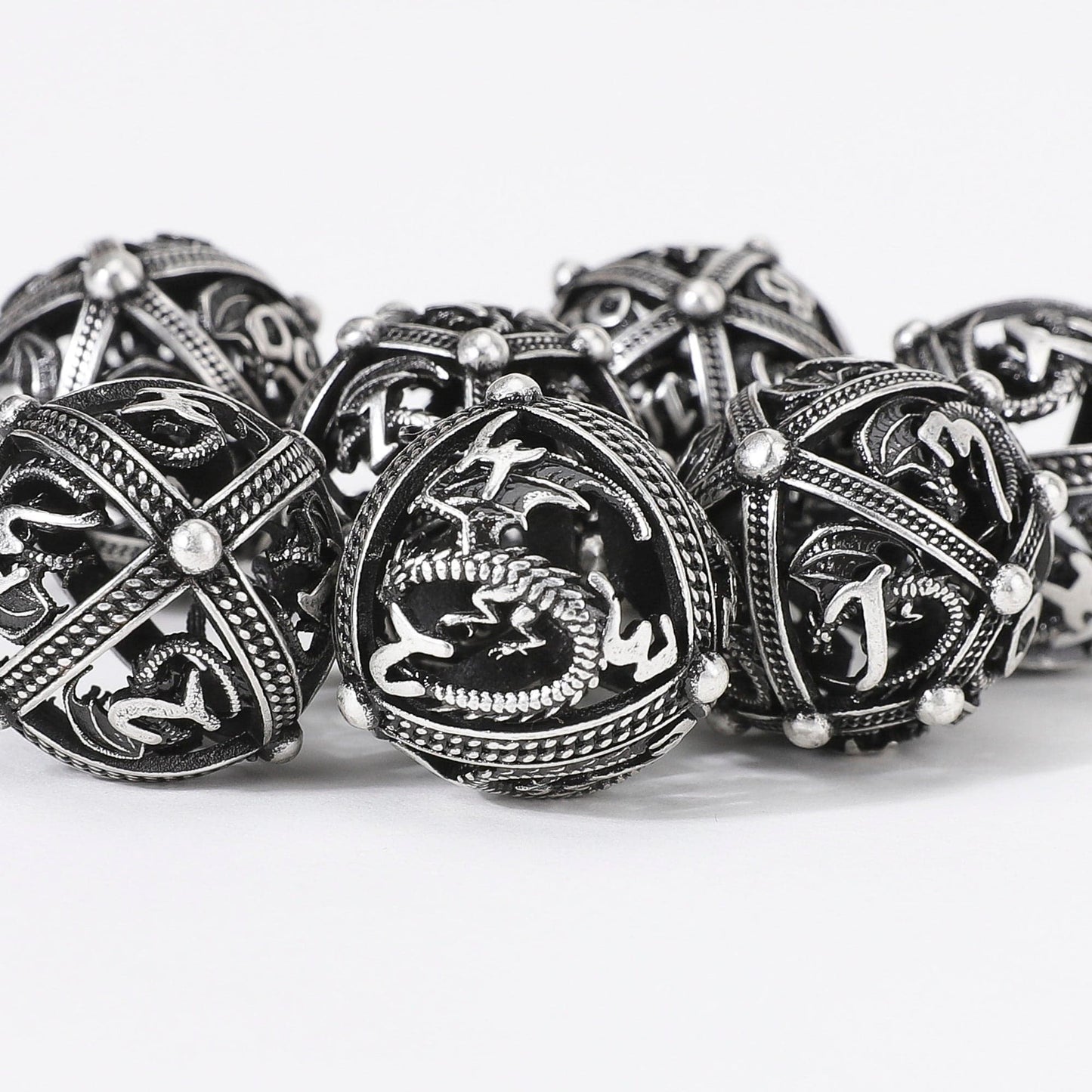 RPG Dice Set | Hollow Metal | Dragon Orb - Silver | Set of 7 (D0225)