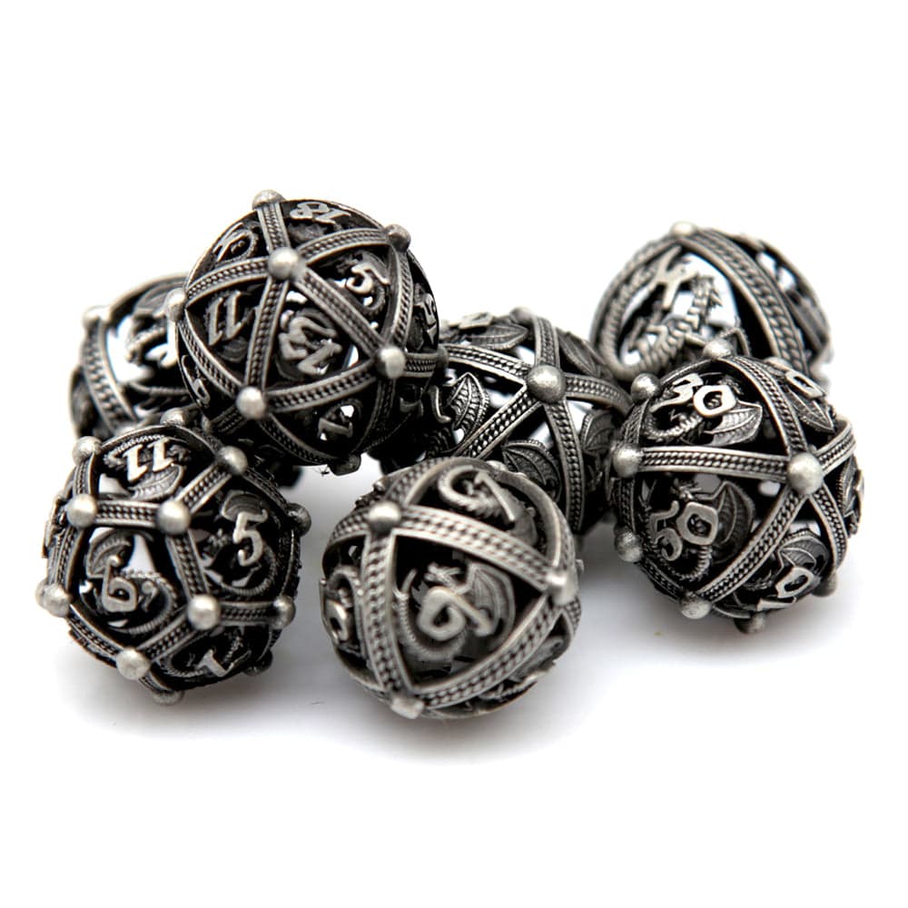RPG Dice Set | Hollow Metal | Dragon Orb - Silver | Set of 7 (D0225)