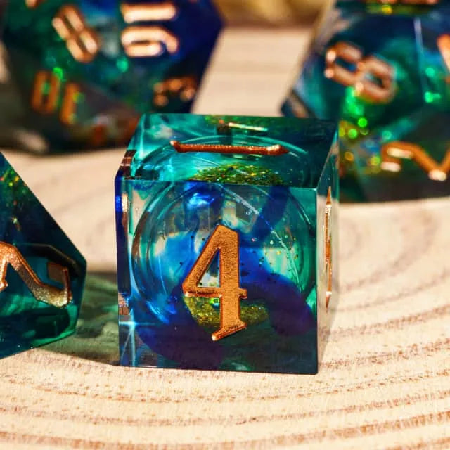 RPG Dice Set | Acrylic | Liquid Dice - Gold and Blue-Green | Set of 7 (D0222)