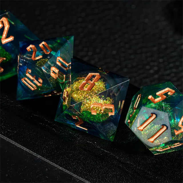 RPG Dice Set | Acrylic | Liquid Dice - Gold and Blue-Green | Set of 7 (D0222)