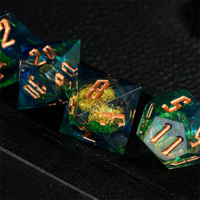 RPG Dice Set | Acrylic | Liquid Dice - Gold and Blue-Green | Set of 7 (D0222)