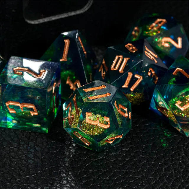 RPG Dice Set | Acrylic | Liquid Dice - Gold and Blue-Green | Set of 7 (D0222)