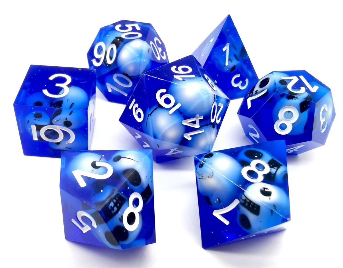 Polyhedral Dice Set | Resin | "Blue Skull" (Sharp Edged) | Set of 7 (D0208)