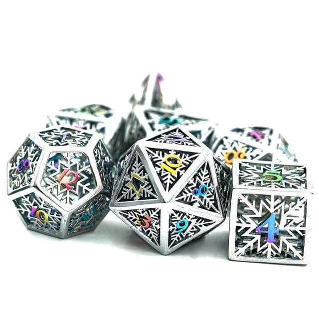 Metal Dice - Hollow "Snowflake" Rainbow Silver - Set of 7